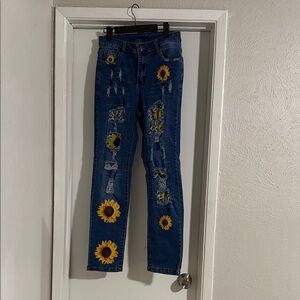 Sunflower Embellished Blue Jeans